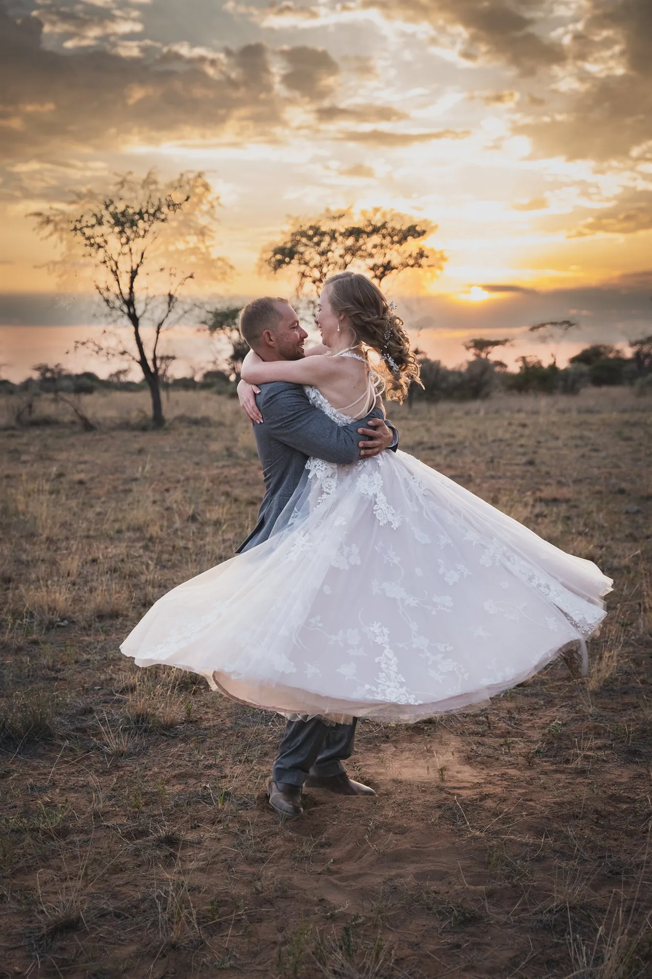 A wedding couple at sunset